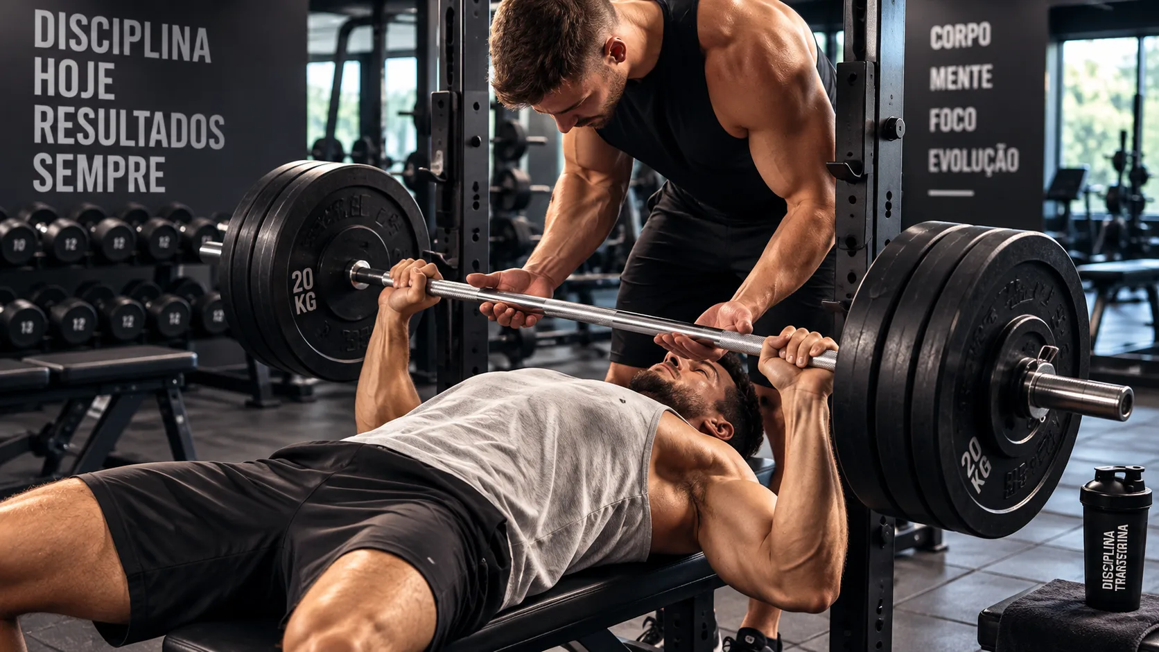 Personal trainer dando suporte a um aluno durante o supino reto